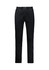 A black pair of chef pants with a flexible waistband and pockets, featuring subtle branding.