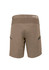 A pair of khaki work shorts with stretch fabric, featuring pockets and a logo.