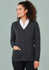 A dark grey women's button-front knit cardigan with a v-neck, long sleeves, and two front pockets.