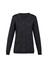 A dark grey women's button front knit cardigan featuring a v-neck and pockets.