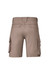 Curved cargo shorts in a light khaki colour, featuring multiple side pockets and a rear design view.
