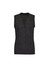 A sleeveless, button-front knit vest in dark grey, featuring two front pockets and a V-neckline.