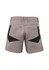 Men's rugged dress shorts in a light grey colour with contrasting black detailing on the back pockets. Features a logo.