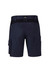 A pair of navy work shorts featuring cargo pockets and a logo on the waistband, viewed from the back.