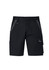 A pair of black work shorts featuring multiple pockets and a logo. Ideal for tough work environments.