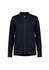A black zip-front jumper featuring long sleeves and a round neckline. It has a simple design and includes a logo.