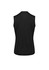 A sleeveless black vest with a zip front, featuring a simple design and a logo on the back.