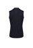 A black women's zip front vest with a sleeveless design and a collar, featuring branding on the back.