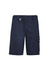 Navy work shorts with a cargo pocket and a logo. Designed for rugged use with vented features.