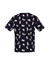 A navy scrub top with a playful printed pattern featuring various animals and characters. It includes a logo.