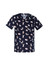 A navy scrub top with a printed pattern featuring cartoon animals, including bears and rabbits, and a logo.
