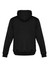 A black unisex hoodie featuring a hood and multi-pocket design, with a branding logo on one sleeve.