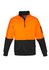 A unisex half-zip pullover in bright orange and black, featuring a logo on the sleeve.
