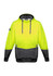 A bright yellow and grey unisex hoodie with a textured jacquard design and a logo on the sleeve.