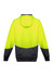 A bright yellow and black unisex hoodie featuring a textured jacquard design and a hood. It has a branding logo.