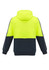 A unisex hi-vis pullover hoodie in bright yellow and navy, featuring a hood and colour-block design with a logo.