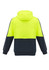 A unisex hi-vis full zip hoodie featuring a bright yellow upper section and navy lower section, with a logo on the back.