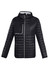 A unisex black soft shell jacket with a zip front and a large chest pocket. It features a hood and quilted design.