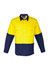 A long sleeve work shirt in bright yellow and navy blue with a logo, featuring two chest pockets.