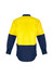 A long sleeve shirt in hi-vis yellow and navy, featuring a back design and a logo on the garment.