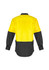 A long sleeve work shirt featuring a high-visibility yellow upper and black lower sections, with a logo.