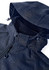 A women's soft shell jacket in navy blue with a geometric pattern and a hood, featuring a logo.