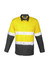 A long sleeve work shirt in high visibility yellow and dark grey, featuring reflective tape and a logo.