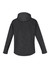 A soft shell jacket in dark grey with a hood, featuring a textured design and a logo on the back.