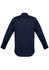 A navy blue long sleeve shirt with a collared neck and button cuffs, featuring a textured back design and branding.