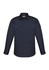 A navy long sleeve button-up shirt featuring two chest pockets and a logo. Suitable for rugged wear.