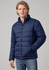 A man wearing a navy puffer jacket stands with a casual pose, featuring a zip-up front and pockets.