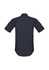 A navy blue men's short sleeve shirt featuring a straight back design and a logo.