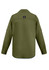 An olive green men's outdoor long sleeve shirt with a button-up front and a logo on the back.