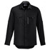A black long sleeve button-up shirt with two front pockets and a logo. Suitable for outdoor activities.