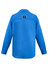A blue long sleeve shirt with a button-up front and roll-up sleeves. Features a logo on the back.