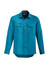 A men's long sleeve button-up shirt in teal, featuring two front pockets and a zipped pocket, with a logo.