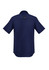 A navy blue men's outdoor short sleeve shirt with a button-up design and a logo on the back.