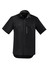 A black men's short sleeve button-up shirt featuring two front pockets and a zippered pocket, with a logo.