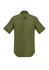 A short-sleeve men's button-up shirt in olive green, featuring a small logo on the back.