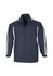 A navy jacket featuring white stripes on the sleeves and a zip-up front. It has a logo on the chest.