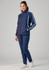 A unisex navy flash jacket with white stripes, paired with matching trousers, featuring a logo.