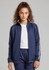 A navy track jacket with white stripes, featuring a full zip and a high collar, modelled by a young girl.