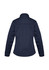 A navy women's softshell jacket with a high collar and long sleeves, featuring a logo on the back.