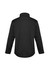 A black men's softshell jacket featuring a high collar and long sleeves, with a logo on the back.