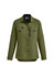 A women's long sleeve button-up shirt in olive green, featuring two front pockets and a zippered pocket, with branding.