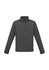 A grey jacket with a high collar and zip front, featuring side pockets and a logo.