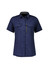 A women's short sleeve shirt in navy blue with two front pockets and a zipper pocket, featuring a logo.