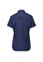 A women's outdoor short sleeve shirt in navy blue with a collar and a logo on the back.