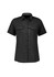 A black women's outdoor short sleeve shirt featuring a button-up front and multiple pockets, including a zippered one.