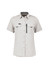 A women's short sleeve shirt in light grey with two front pockets and a zippered pocket, featuring a logo.